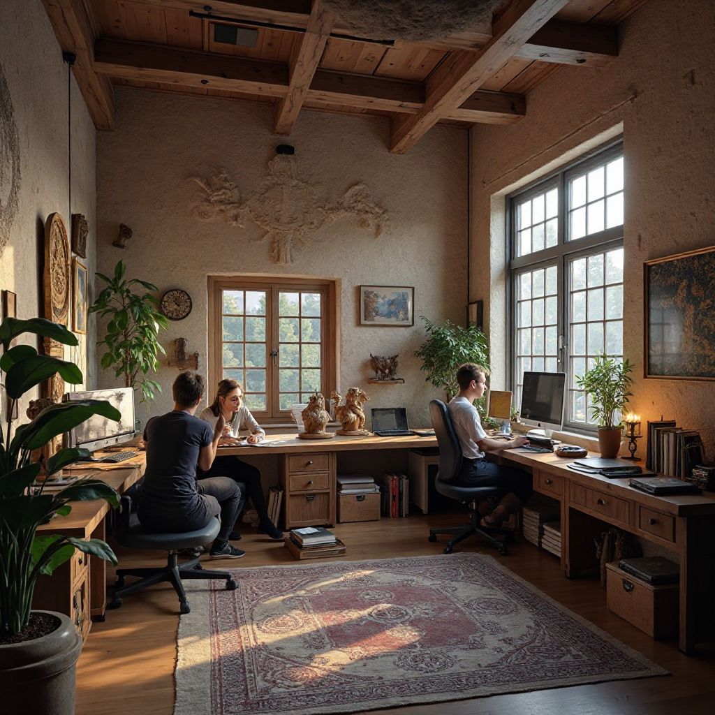 TitanScrolls office with ancient artifacts and modern technology